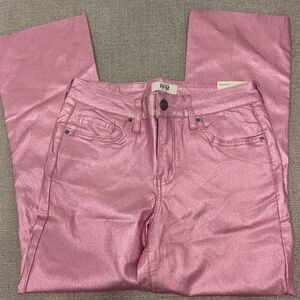 RFM Women Faux Leather Metallic Pink Slim Fit Pants Size M Raw Hem Stretch